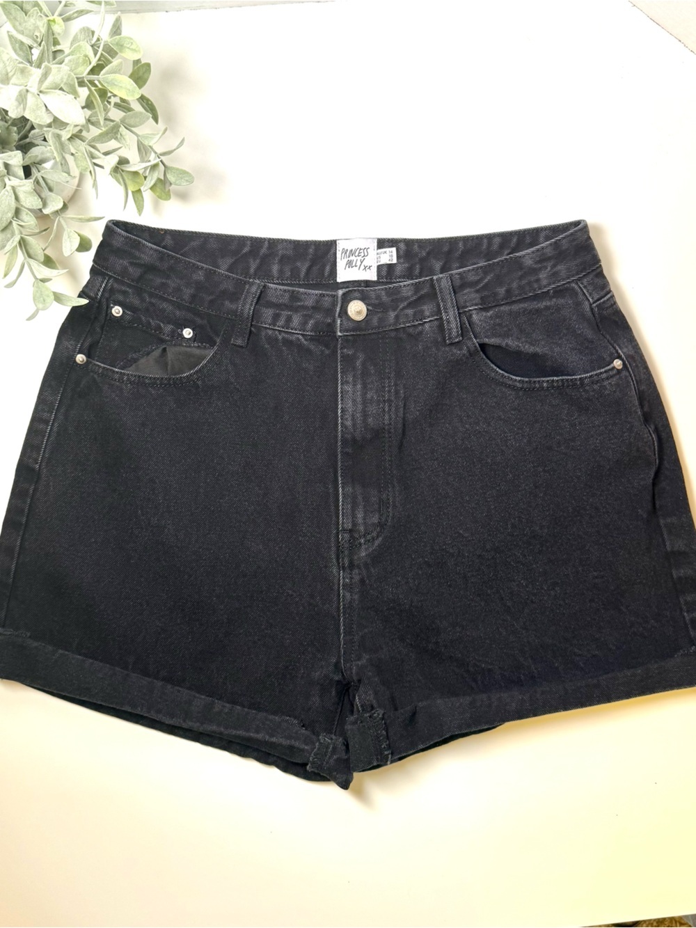 Princess Polly Black Denim Jean Cuffed Mom Shorts High Rise 100% Cotton Size 10